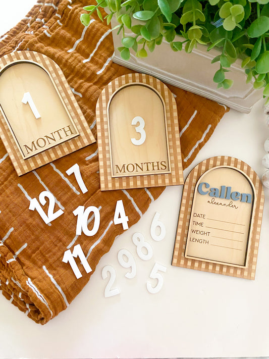 Gingham Baby Monthly Milestone + Baby Announcement