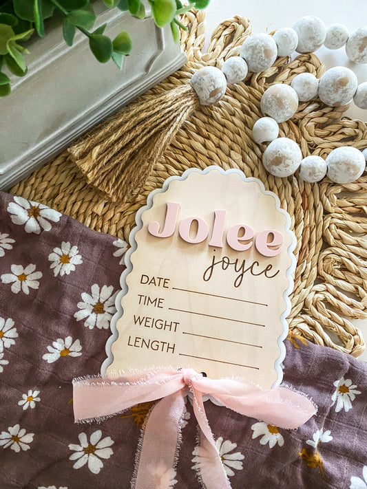 Elegant Scalloped Baby Announcement with Ribbon