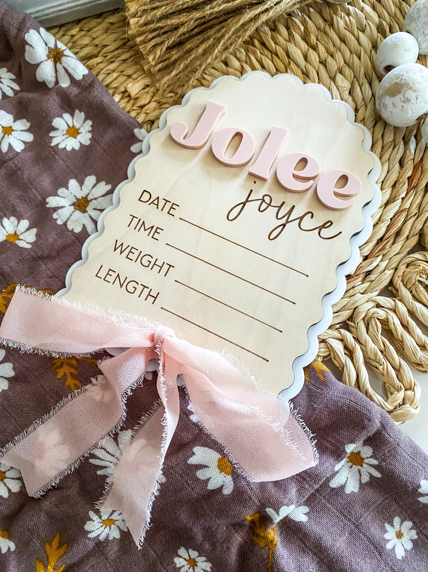 Elegant Scalloped Baby Announcement with Ribbon