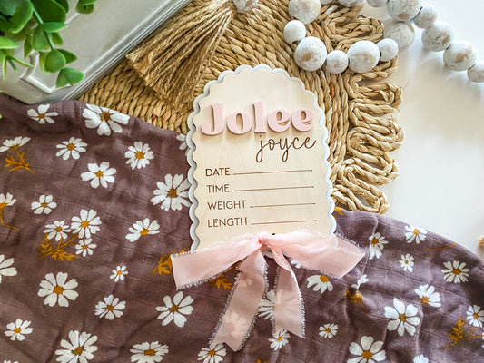 Elegant Scalloped Baby Announcement with Ribbon
