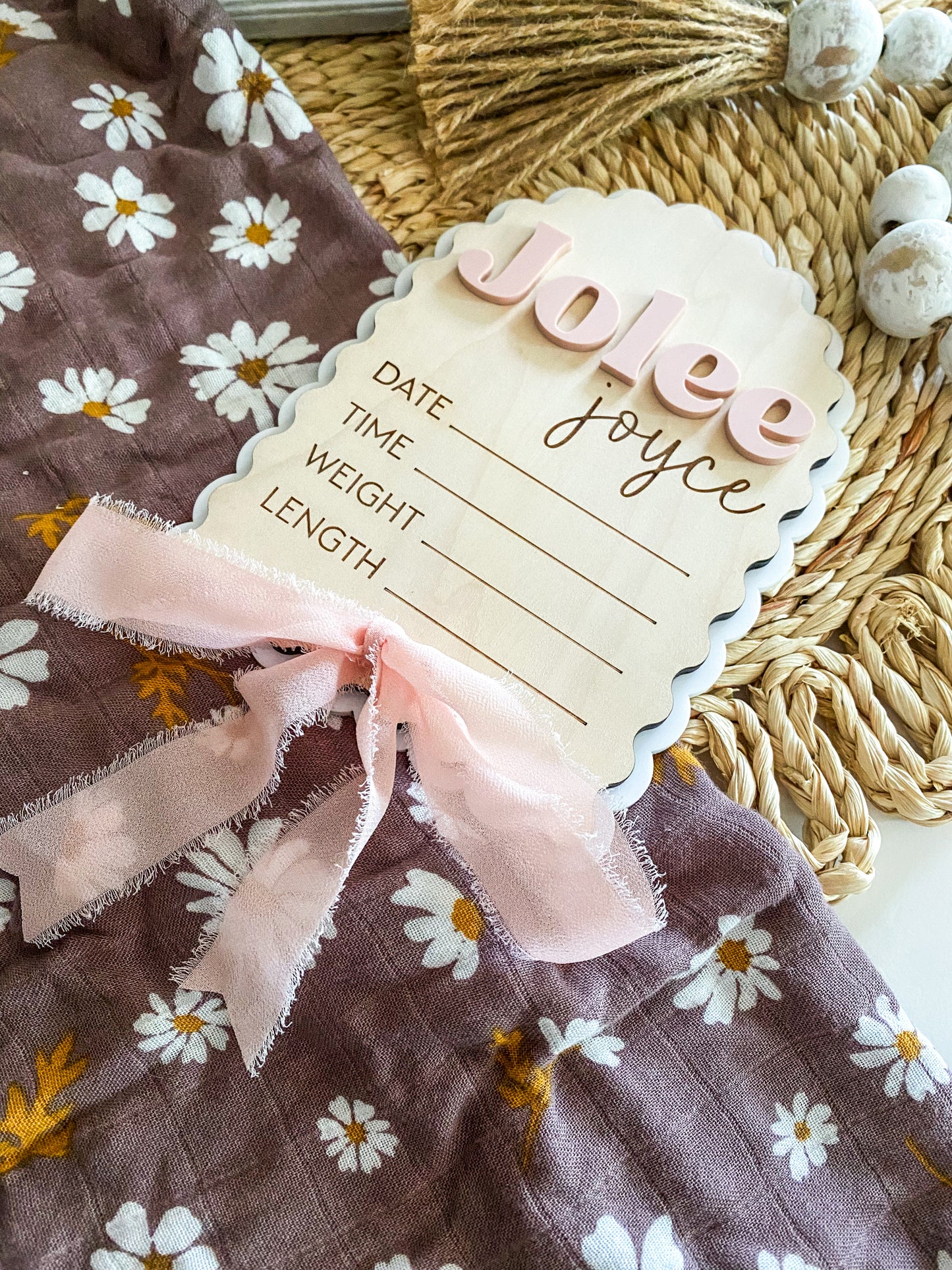 Elegant Scalloped Baby Announcement with Ribbon