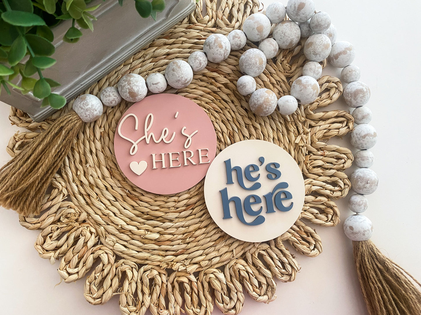 He's Here, She's Here Acrylic Baby Announcement Sign