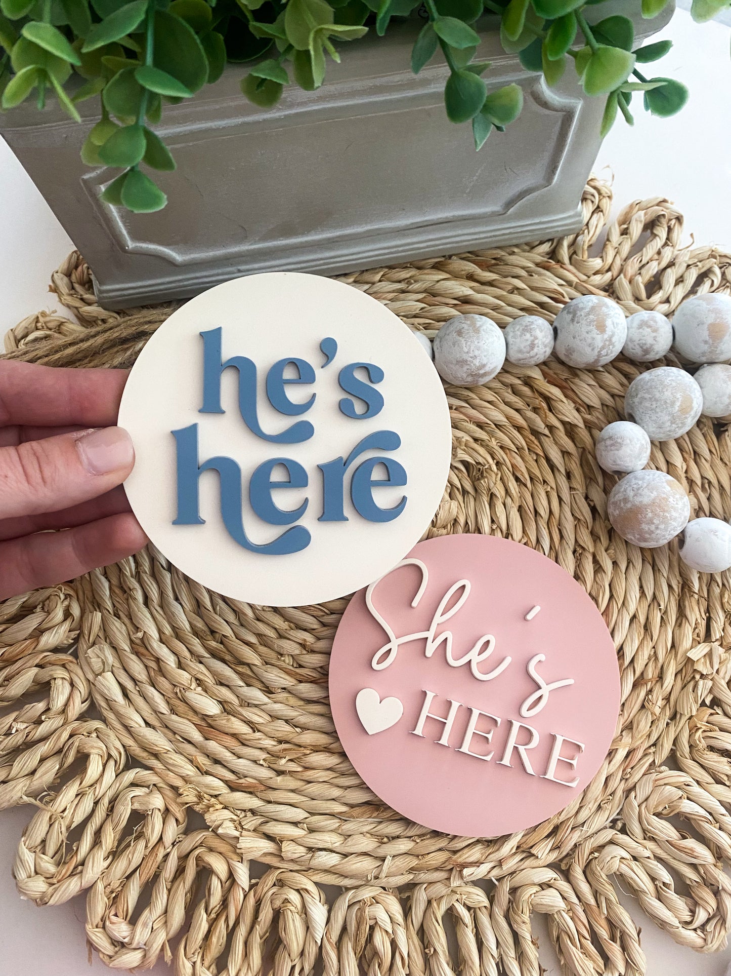 He's Here, She's Here Acrylic Baby Announcement Sign