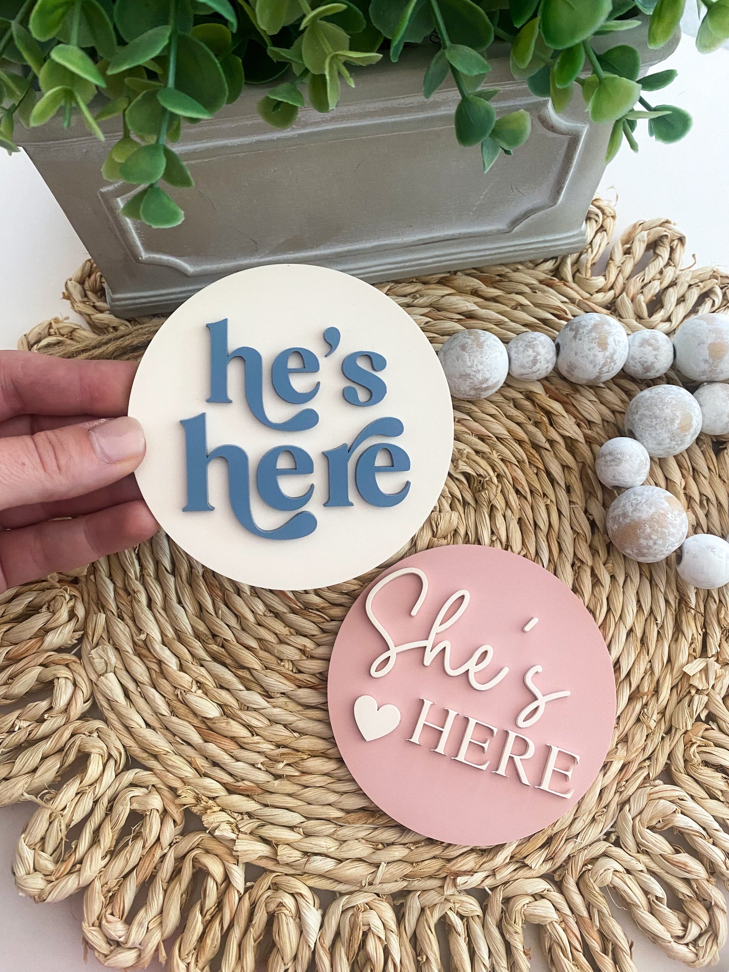 He's Here, She's Here Acrylic Baby Announcement Sign
