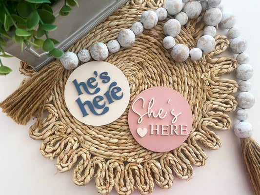 He's Here, She's Here Acrylic Baby Announcement Sign