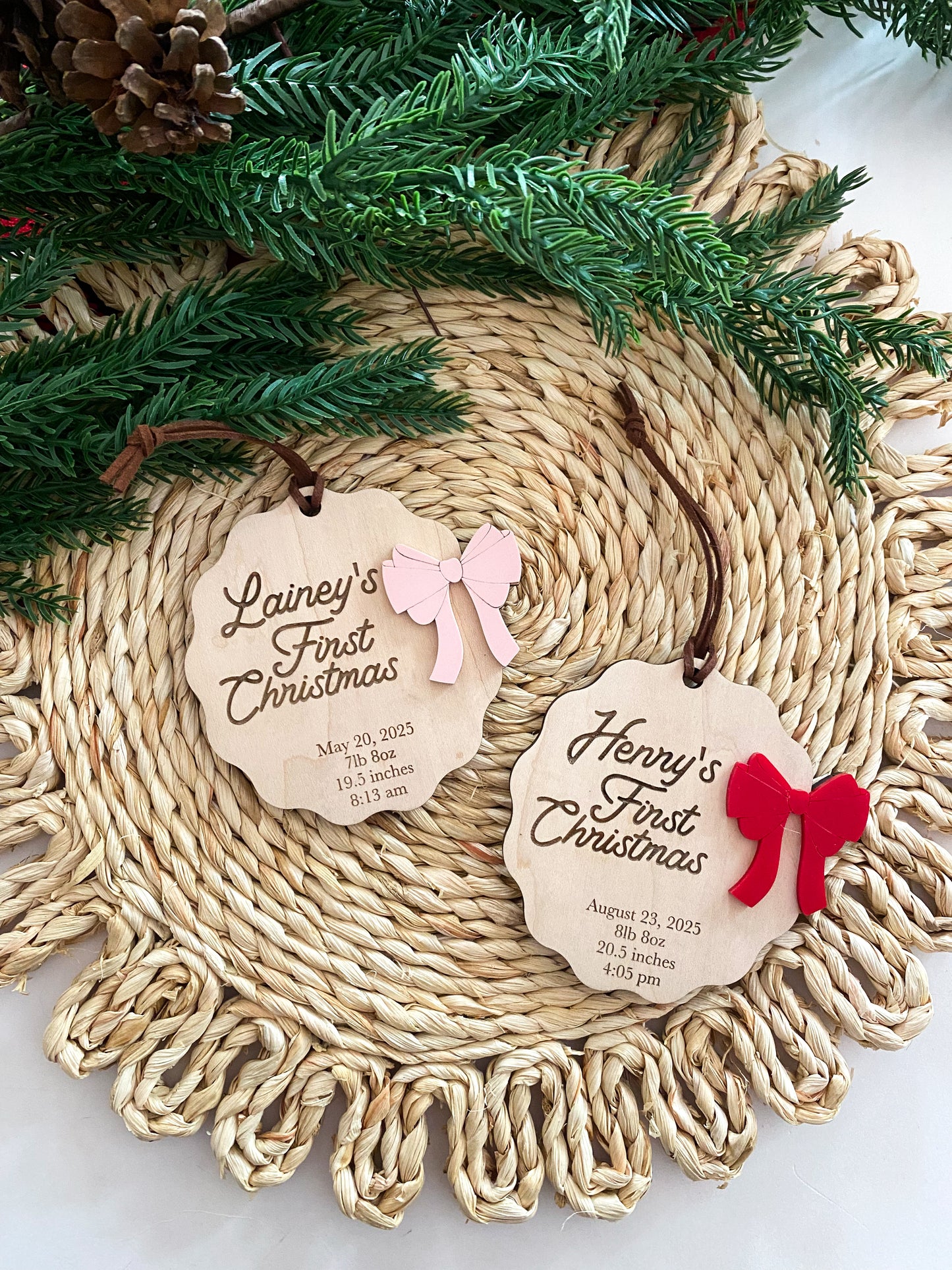 Birth Stats Scalloped Christmas Ornament